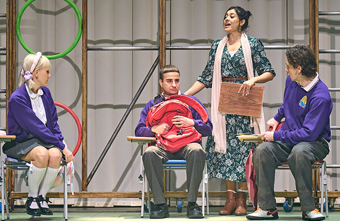 Zoe Zak, Farshid Rokey, Priya Davdra and Joe McNamara in The Boy at the Back of the Class  at the Rose Theatre, Kingston. Photo: Manuel Harlan