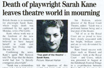 Tributes to playwright Sarah Kane &ndash; 25 years ago in The Stage