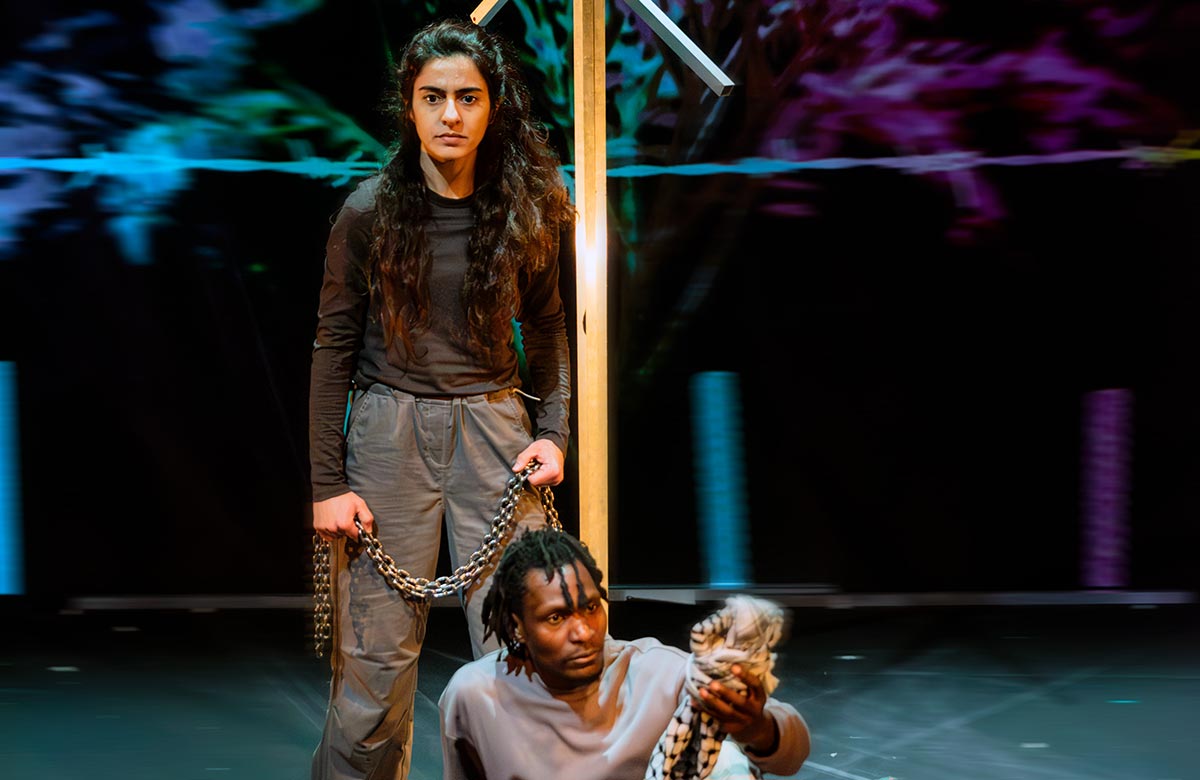 Fidaa Zidan and John Rwothomack in Lines at Tanya Moiseiwitsch Playhouse, Crucible, Sheffield. Photo: Smart Banda