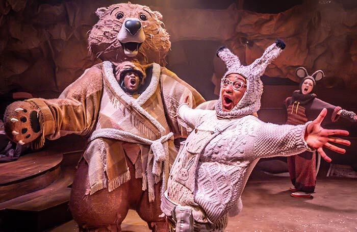Ashley D Gayle, Ashh Blackwood and Lauren Conroy in Bear Snores On at Regent&rsquo;s Park Open Air Theatre, London. Photo: Marc Brenner