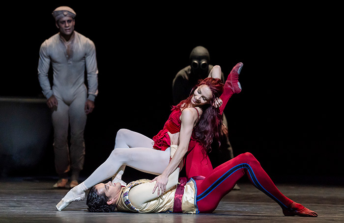 Francisco Serrano, Marcelino Sambé and Francesca Hayward in Different Drummer, part of the Celebrated triple bill of Kenneth Macmillan works at the Royal opera House. Photo: Tristram Kenton