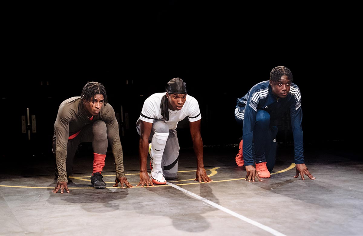 Red Pitch. Francis Lovehall, Kedar Williams-Stirling and Emeka Sesay in Red. Pitch at @sohoplace, London. Photo: Helen Murray