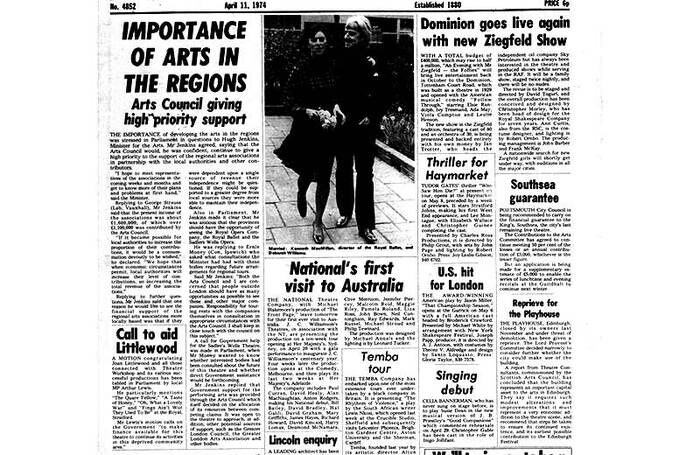 Clipping from the April 11, 1974 issue of The Stage
