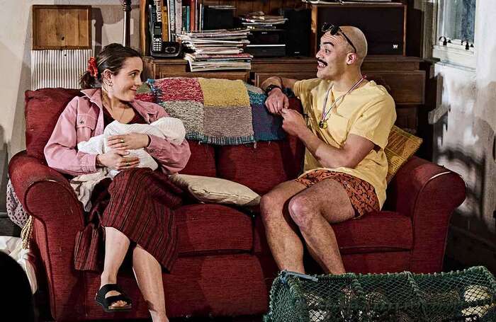 Catrin Stewart and Gus Gordon in Kill Thy Neighbour at Theatr Clwyd, Wales. Photo: Jorge at Studio Cano