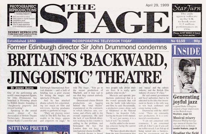 Clipping from the front page of The Stage (April 29, 1999)