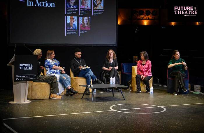 Amanda Parker chatting to Megan Merrett, Dominic Mitchell, Amy Trigg and Nica Burns during the Access in action panel at the Future of Theatre conference 2024. Photo: David Monteith-Hodge