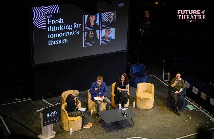 Jack Gamble and Hannah Essex talking to Amanda Parker in the Fresh thinking for tomorrow's theatre panel at the Future of Theatre conference 2024. Photo: David Monteith-Hodge