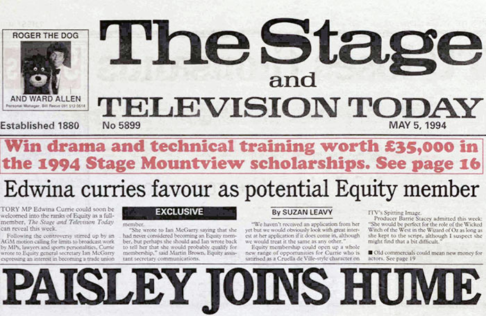 Clipping from The Stage front page, May 5, 1994