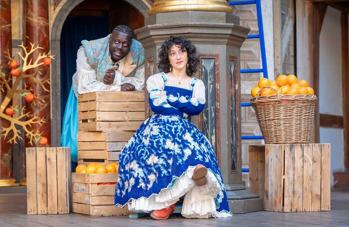 Ekow Quartey and Amalia Vitale in Much Ado About Nothing at Shakespeare's Globe, London. Photo: Marc Brenner