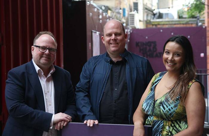 New chair of the King's Head Theatre Robert Khan, with departing chair James Seabright and executive producer and acting chief executive Sofi Berenger
