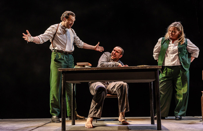 Steven Calvert, Keith Singleton and Abigail McGibbon in The Pillowman at Lyric Theatre, Belfast. Photo: Melissa Gordon