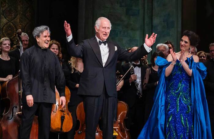 Antonio Pappano, King Charles and Ermonela Jaho in Celebrating 22 Years of Antonio Pappano review at Royal Opera House, London. Photo: Tristram Kenton