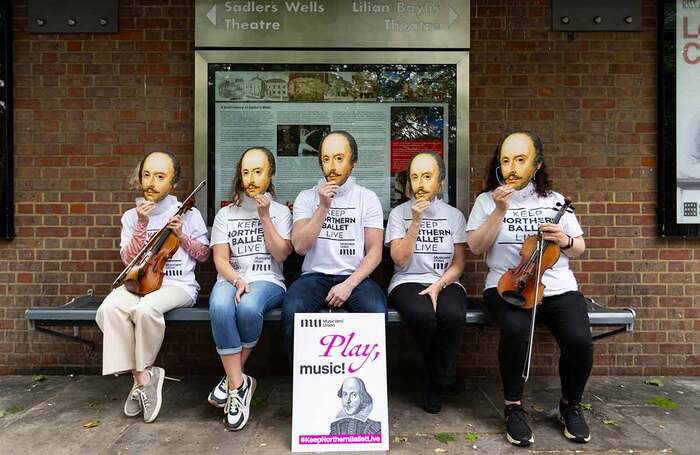 An ensemble of musicians dressed as William Shakespeare march on London Sadler&rsquo;s Wells Theatre ahead of the first performance of Northern Ballet&rsquo;s Romeo and Juliet. Photo: David Parry/PA Media Assignments