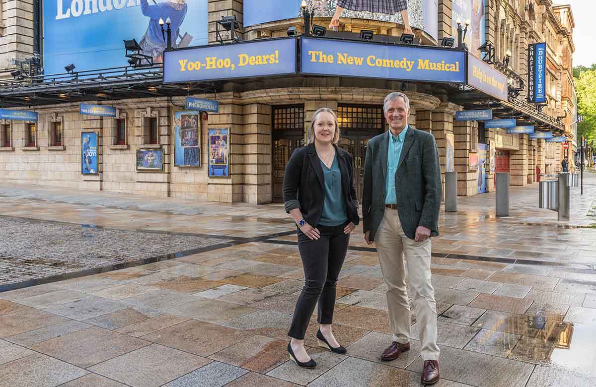 The Shaftesbury Theatre&rsquo;s Eleanor Lang, with her predecessor James Williams. Photo: Ellie Kurttz