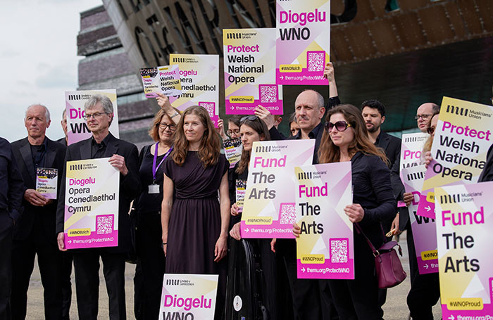 Welsh National Opera orchestra members demonstrating at Wales Millennium Centre, Cardiff. Photo: Alistair Heap