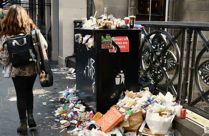 Overflowing bins during 2022&lsquo;s 12-day strike by bin collectors during Edinburgh Festival Fringe 2022. Photo: Shutterstock