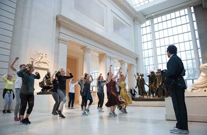 Monica Bill Barnes and Company&rsquo;s The Museum Workout in performance at the Metropolitan Museum of Art in 2017. Photo: Paula Lobo
