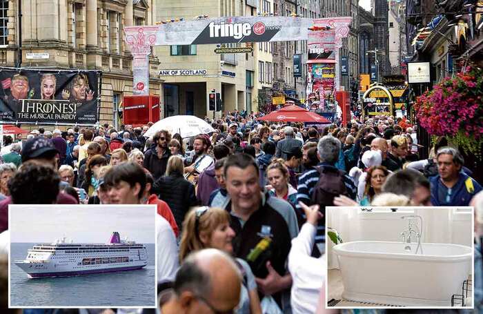 Crowds at the Edinburgh Festival along with (insert) the 216-metre Ambition, which will be known as the Playbill FringeShip, and a bathtub. Photos: Shutterstock