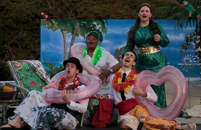 Magnus Walker, Monwabisi Lindi, Jonathan Eyers and Inna Husieva in Alcina's Island at Deanery Gardens, Bampton, Oxfordshire. Photo: Anthony Hall Magnus Walker, Monwabisi Lindi, Jonathan Eyers and Inna Husieva in Alcina's Island at Deanery Gardens, Bampton, Oxfordshire. Photo: Anthony Hall