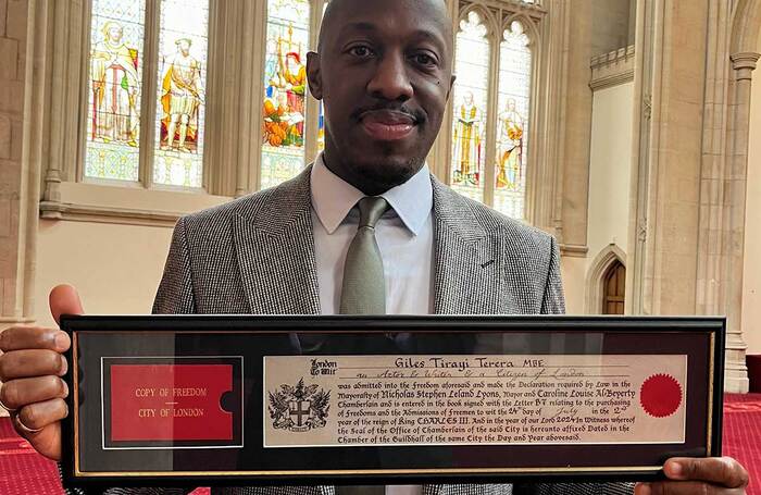 Giles Terera receives the Freedom of the City of London. Photo: City of London Corporation Giles Terera receives the Freedom of the City of London. Photo: City of London Corporation