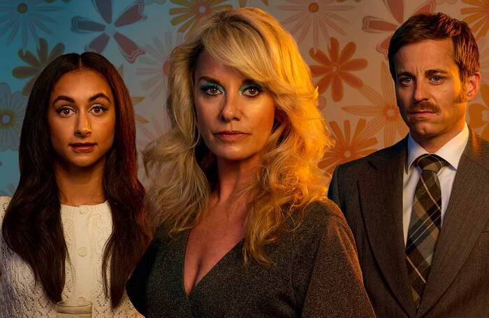 Tamzin Outhwaite as Beverly, with Ashna Rabheru and Kevin Bishop in Abigail’s Party at Theatre Royal Stratford East, London