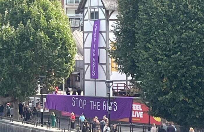 Stop the arts banners were flown from Shakespeare's Globe in London. Photo: Stop the arts X/Twitter account Stop the arts banners were flown from Shakespeare's Globe in London. Photo: Stop the arts X/Twitter account
