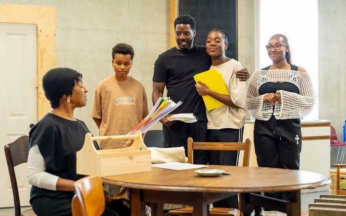 Doreene Blackstock, Oliver Dunkley, Solomon Israel, Cash Holland, Joséphine-Fransilja Brookman in reheasal for Headlong's A Raisin in the Sun, which goes on a UK tour. Photo: Marc Brenner