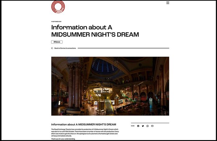 Screenshot of the notification of A Midsummer Night’s Dream's cancellation at the Manchester Royal Exchange's website (royalexchange.co.uk). Photo: Royal Exchange Theatre