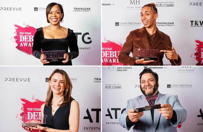Azuka Oforka, Jeevan Braich, Nathan Amzi and Sophie Drake, winners at The Stage Debut Awards. Photo: Alex Brenner