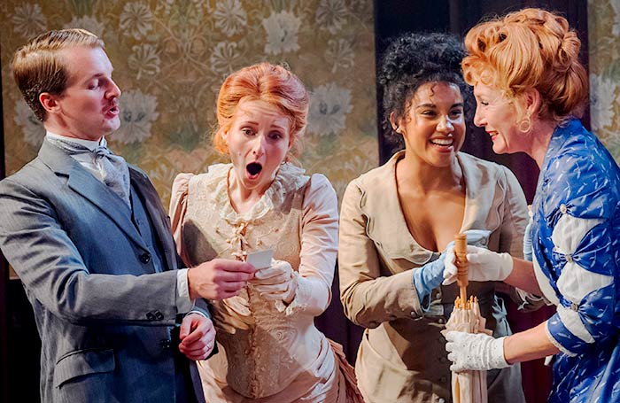 Dom Hodson, Rosalind Ford, Romaya Weaver and Nancy Carroll in The Cabinet Minister at the Menier Chocolate Factory, London. Photo: Tristram Kenton