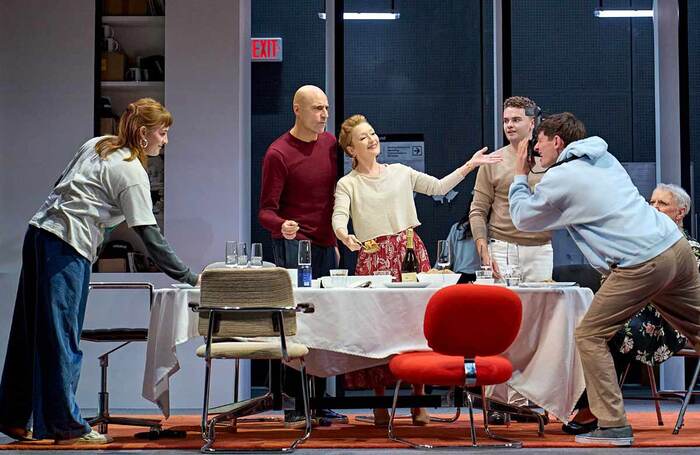 Phia Saban, Mark Strong, Lesley Manville, James Wilbraham and Jordan Scowen in Oedipus at Wyndham's Theatre, London. Photo: Manuel Harlan