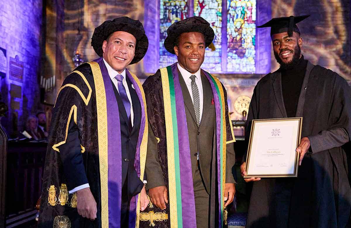 Randall Whittaker, left, besides Ray Fearon and Mo Gilligan at a ceremony at the Parish Church of Holy Trinity on October 9, where Fearon was installed as Rose Bruford's new president while Gilligan received an honorary fellowship. Photo: Paul Cochrane