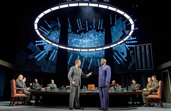 Steve Coogan as President Muffley with Giles Terera and the rest of the cast in Dr. Strangelove at the Noël Coward Theatre, London. Photo: Manuel Harlan