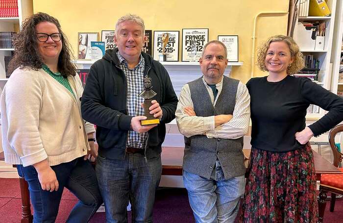 Fishamble's Eva Scanlon, Jim Culleton, Gavin Kostick and Laura MacNaughton with their returned Olivier award