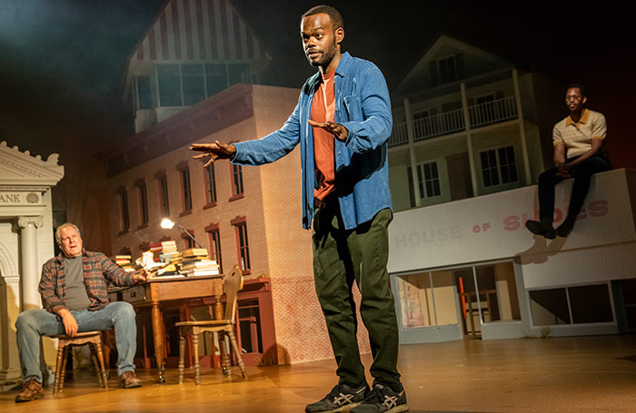 Jay O Sanders, William Jackson Harper and Eric Berryman in 2023 production of Primary Trust &ndash; on American Theatre's list of of most-produced plays for the 2024-2025 season. Photo: Joan Marcus