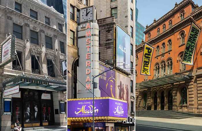 New York's Hudson, New Amsterdam and Public theatres. Photos: Anne Czichos/Shutterstock; Joseph Hendrickson/Shutterstock; rblfmr/Shutterstock