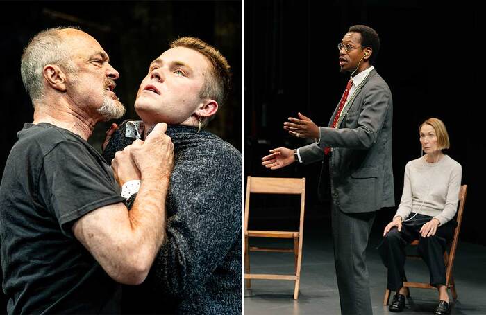 Ron Bottitta and Patrick Keleher in Fatherland at the Fountain Theatre production and Eric Berryman and Elizabeth Marvel in The Ford/Hill Project at Woolly Mammoth. Photos: Cameron Whitman/Maria Baranova