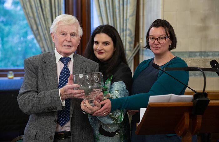 Derek Jacobi is presented with the Critics' Circle Rosebowl by Kate Maltby and Rosemary Waugh