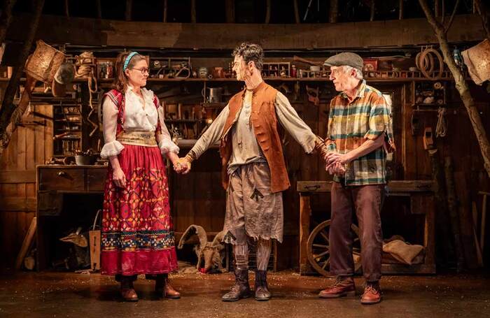 Lottie Latham, Jerome Yates and Christopher Bianchi in Pinocchio at the Watermill Theatre, Newbury