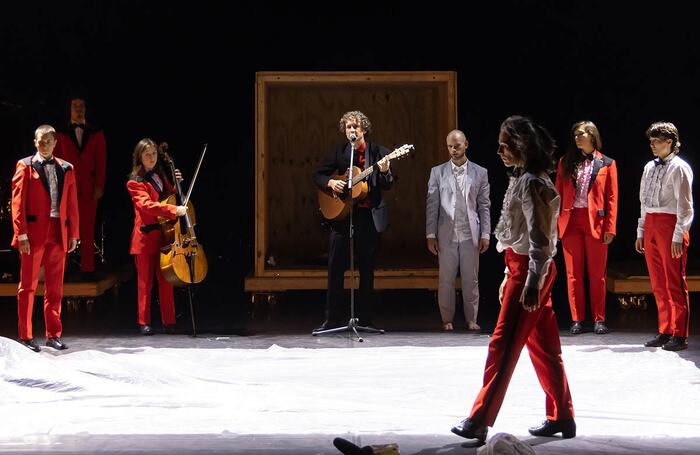 The cast of Michael Keegan-Dolan and Teaċ Daṁsa's Nobodaddy at Sadler’s Wells, London. Photo: Emilija Jefremova The cast of Michael Keegan-Dolan and Teaċ Daṁsa's Nobodaddy at Sadler’s Wells, London. Photo: Emilija Jefremova