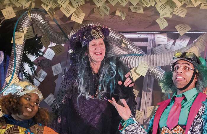 Juliet Okotie, Michael Bertenshaw and Raj Bajaj in Trish Cooke and Robert Hyman’s adaptation of Rapunzel for the 2017 pantomime at Theatre Royal Stratford East, London. Photo: Tristram Kenton