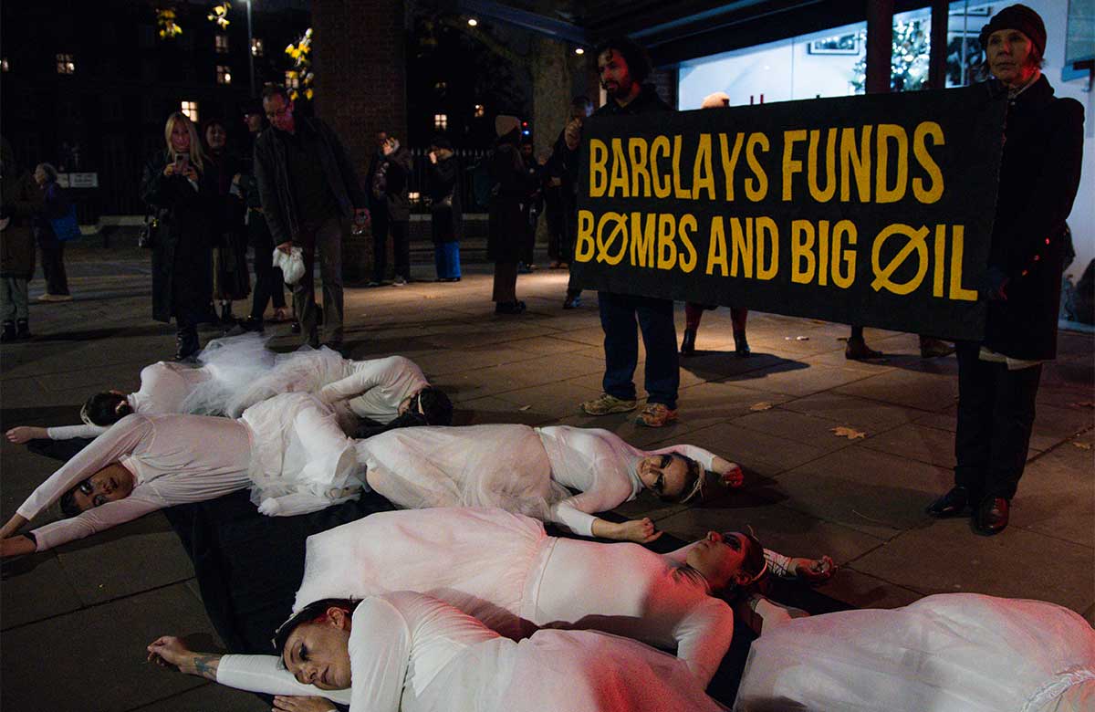 Fossil Free London campaigners protesting Sadler's Wells ties with Barclays demonstrated at the first night of Matthew Bourne's Swan Lake in 2024. Photo: Fossil Free London