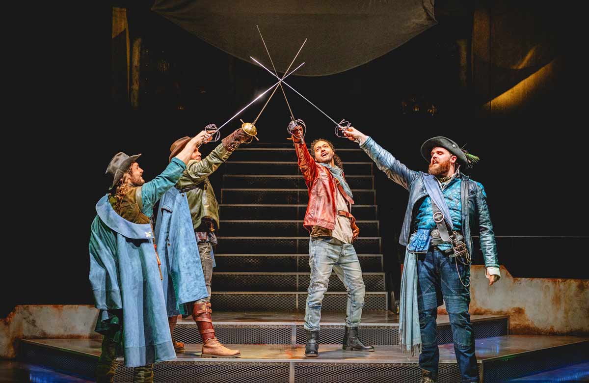 Thomas Dennis, Louis J Rhone, Lemar Moller and Hadley Smith in The Three Musketeers at the New Vic Theatre, Newcastle-under-Lyme. Photo: Andrew Billington