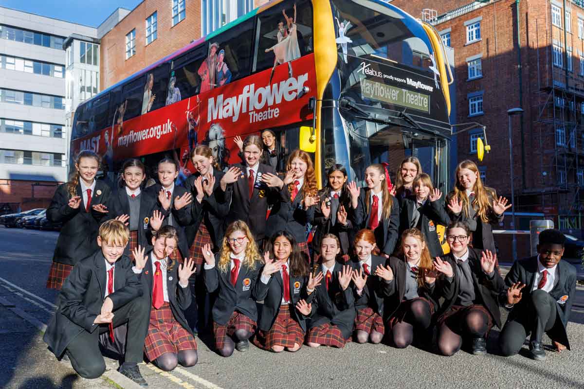 Pupils from the Romsey School and Mayflower Theatre bus. Photo: Robin Jones