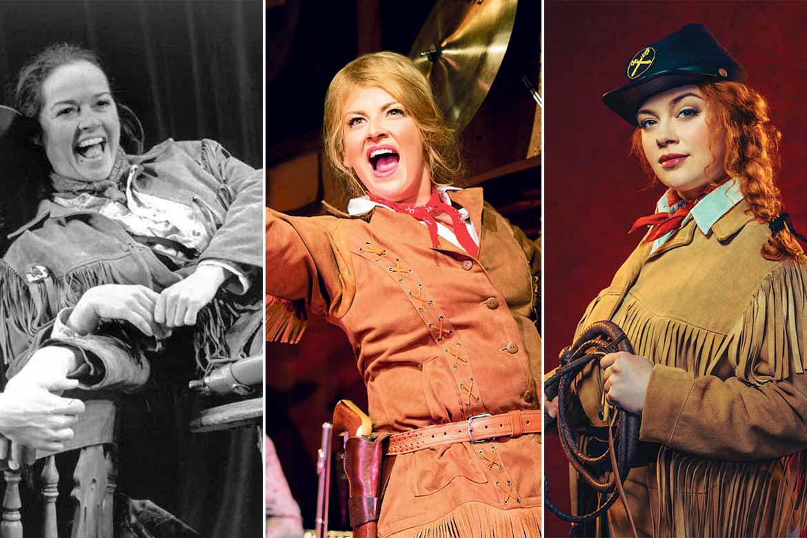 From left: Gemma Craven in Calamity Jane at Sadler’s Wells (1996); Jodie Prenger in the Calamity Jane touring production (2014-15) and Carrie Hope Fletcher in the Calamity Jane UK tour (2025). Photos: Tristram Kenton/Manuel Harlan/Oliver Rosser