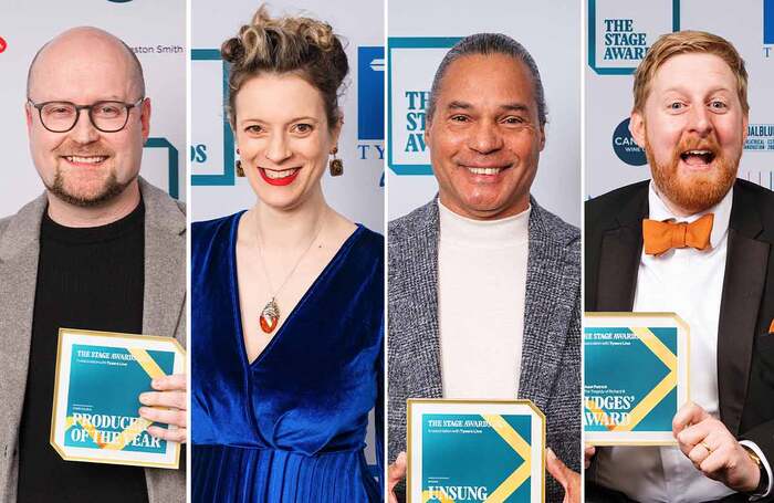 Michael Harrison, Dawn James, Mike Elliott and Michael Patrick at The Stage Awards 2025. Photos: Alex Brenner