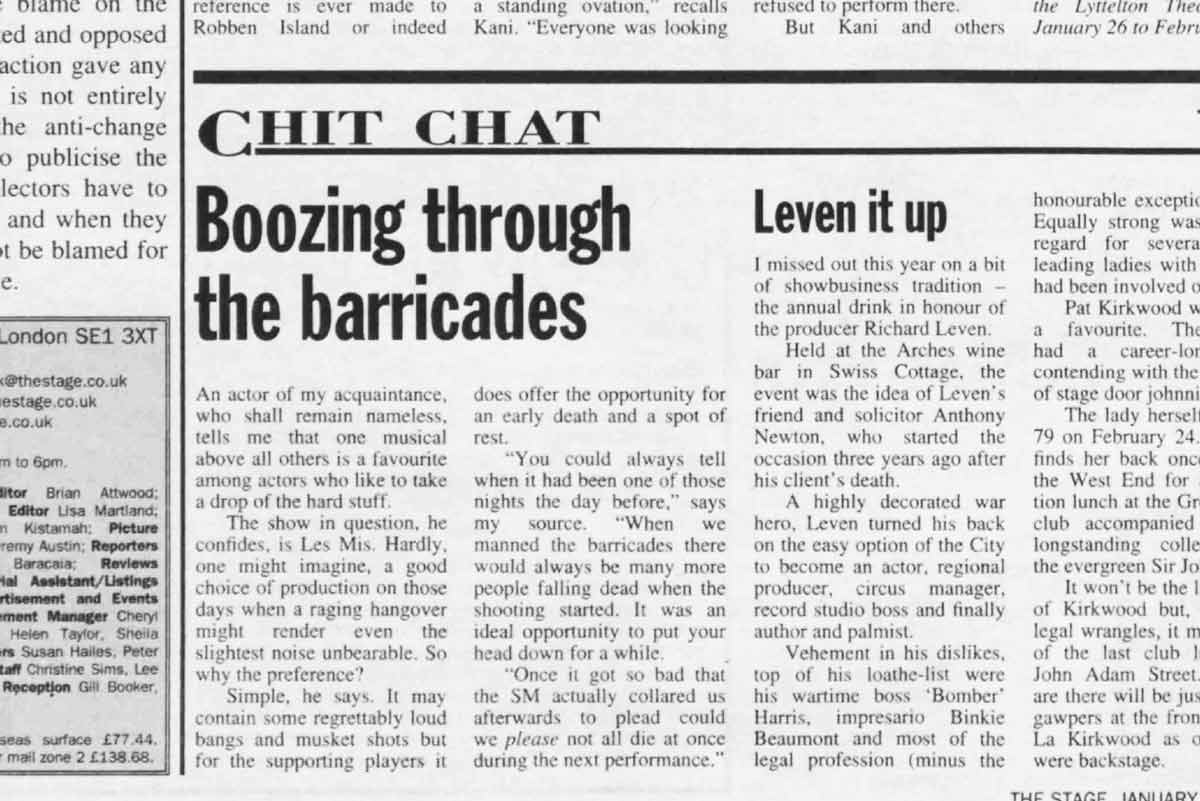 Clipping from The Stage edition of January 20, 2000