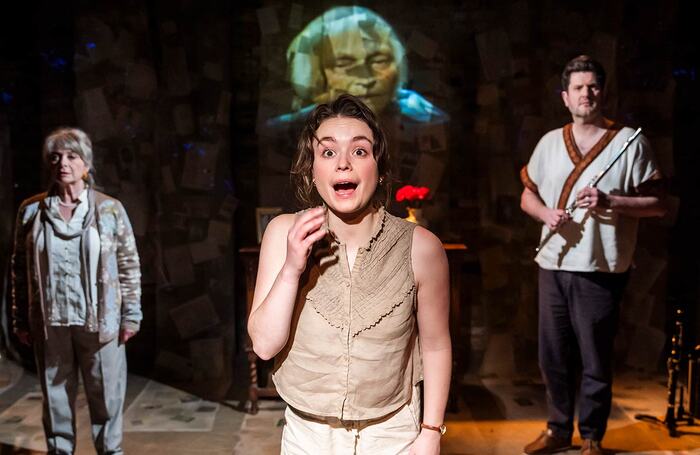 Caroline Gruber, Zoe Goriely and Matthew James Hinchliffe in As Long as We Are Breathing at Arcola Theatre, London. Photo: Tristram Kenton