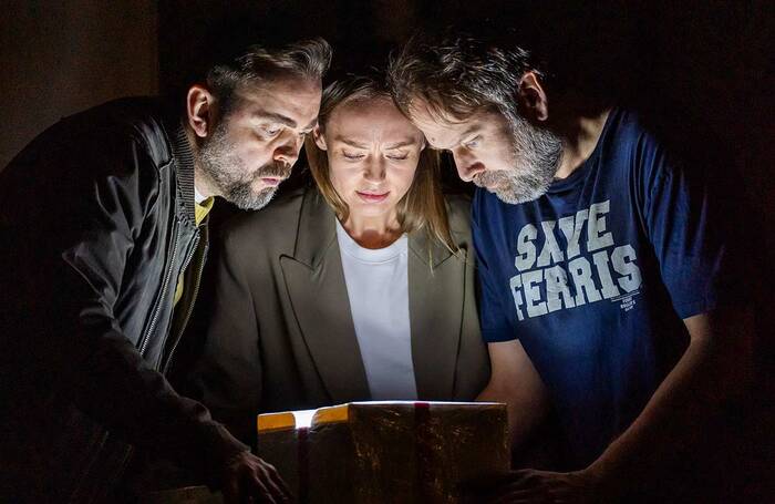 Alex Price, Laura Haddock and Nicholas Burns in The Gift at the Park200, Park Theatre, London. Photo: Tristram Kenton