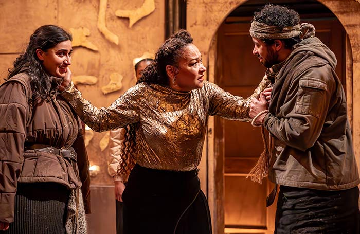 Saroja-Lily Ratnavel, Martina Laird and Aaron Anthony in Cymbeline at the Sam Wanamaker Playhouse, London. Photo: Marc Brenner